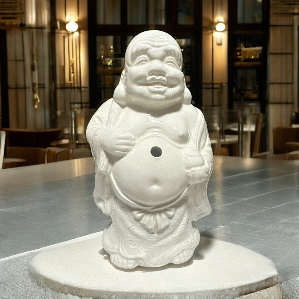 Vintage Happy Laughing Buddha White Ceramic Tiki Figure Made In Japan